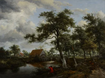 Paysage boisé avec moulin à eau