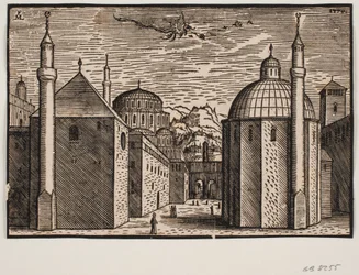 3 mosquées, chacune avec 1 minaret; dans le ciel un dragon volant à la longue queue