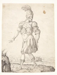 Un homme en habit romain, pointant une source