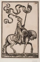 Porte-étendard à cheval, profil vers la droite; l
