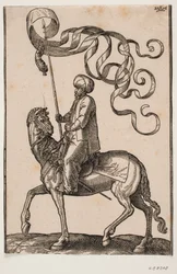 Porteur de standard à cheval, profil vers la gauche; la standard est à trois pointes et une plume est suspendue en dessous; son épée placée entre sa jambe gauche et le flanc du cheval