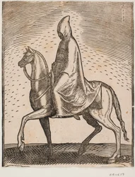 Cavalier portant un manteau et un chapeau, profil vers la gauche; sous son manteau, une épée peut être aperçue