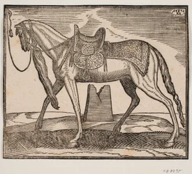 Cheval élégamment sellé, attaché à la ligne de cadre gauche, profil vers la gauche; sous le ventre du cheval, on voit une ruine