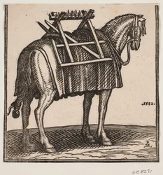 Un cheval de bât encore non chargé avec un cadre de portage sur le dos, vu en diagonale de derrière vers la droite.