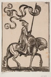 Porte-étendard monté, de profil vers la droite; l