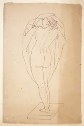Femme dévêtue de dos avec un linge dans les bras