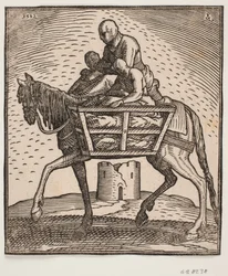 Cavalier avec capuche tirée sur le visage; de chaque côté du cheval une cage à barreaux contenant une personne; profil vers la gauche; sous le cheval, une tour cylindrique en ruine