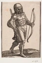 Soldat marchant vers la droite; bottes et tenue courte; tenant un arc dans la main gauche et une flèche dans la main droite