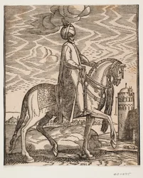 Cavalier en turban, avec une massue pendue au côté droit du cheval; profil vers la droite; sur le côté droit de l
