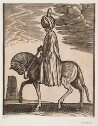 Cavalier sans arme portant un turban, profil vers la gauche; devant le cheval, un obélisque en ruines