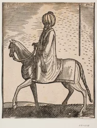 Cavalier sans armes portant un turban, profil vers la gauche; dans la partie supérieure droite de l