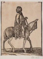 Cavalier plus âgé bien nourri sans armes avec un turban sur la tête, profil vers la droite