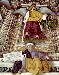 Représentation de Baruch (Baruch ben Neria) disciple de Jérémie et un ange. Fresque de Melozzo da Forli (Melozzo degli Ambrosi) (1438-1494). Coupole de la sacristie de Saint-Marc (Marco), sanctuaire de la Santa Casa, Loreto