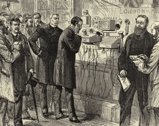Ouverture de la ligne téléphonique anglo-anglaise. La première conversation téléphonique de Londres à Paris au General Post Office, Londres. Des instruments Bell ont été utilisés à Londres. Gravure sur bois Paris 28 mars 1891. Gravure.