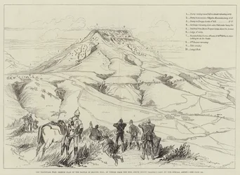 La guerre du Transvaal, plan schématique de la bataille de Majuba Hill, vue depuis la colline au-dessus du camp de Mount Prospect
