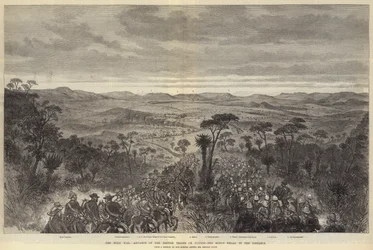 La guerre zouloue, avancée des troupes britanniques sur Ulundi, le kraal du roi au loin
