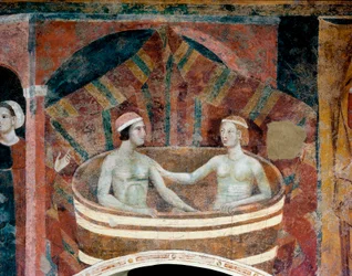 Scène de vie conjugale au Moyen Âge. Un couple faisant sa toilette dans une cuve. Détail. Fresque, début du XIVe siècle