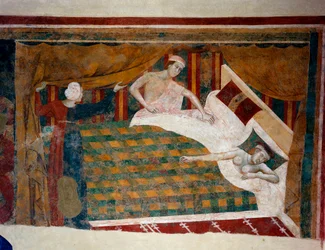 Scène de vie conjugale au Moyen Âge. Un homme rejoint sa femme dormant nue dans le lit. Détail. (fresque, début du XIVe siècle)