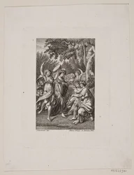 Illustration avec des personnes en tenue antique faisant la fête dans un jardin