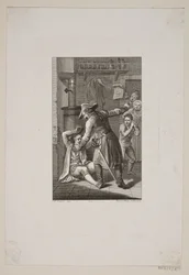 Illustration avec une personne en uniforme se battant avec un homme allongé