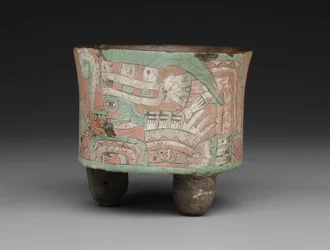 Vase tripode cylindrique avec deux figures à lunettes, vers 400-650 apr. J.-C.