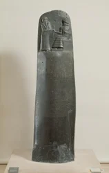 Code de Hammurabi : le dieu Shamash dictant ses lois à Hammurabi, roi de Babylone, trouvé à Suse, Iran, vers 1750 av. J.-C.