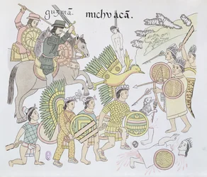 Bataille de Michoacán entre les Espagnols et les Aztèques, illustration tirée d’un fac-similé d’une histoire illustrée indienne mexicaine, Lienzo de Tlaxcala, v. 1550, 1892
