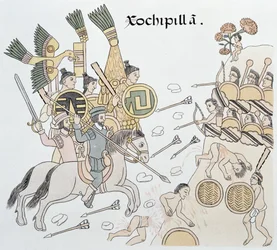 Bataille de Xochipilla entre les Espagnols et les Aztèques, illustration tirée d