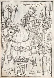 MS Hunter 242 f.249v Philippe II à cheval, portant l