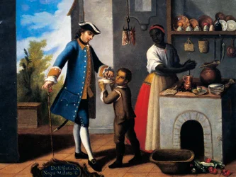 Homme espagnol blanc, femme noire et fils métis (mulâtre), Peinture sur le thème du métissage