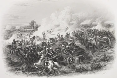 La bataille de Moodkee, 1845, gravée par C.H. Jeens, de 