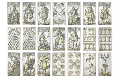 (détail) Ensemble extrêmement rare de 52 cartes à jouer gravées dans les quatre enseignes italiennes, Augsbourg