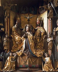 Autel du Couronnement de la Vierge, vers 1470-1480, bois sculpté, ancienne église paroissiale de Gries, San Quirino, Bolzano, Trentin-Haut-Adige, Italie
