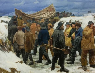 Le canot de sauvetage tiré à travers les dunes. 1883