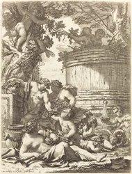 Putti avec des raisins et une bacchante assise