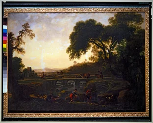 Paysage avec un pont et des paysans, des vaches et des chèvres