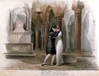 I Capuleti e i Montecchi (Les Capulet et les Montaigu) par Vincenzo Bellini, représentation au Théâtre de la Fenice à Venise. Giuditta Pasta et Giulia Grisi interprétant Roméo et Juliette. Aquarelle de Michele Bisi
