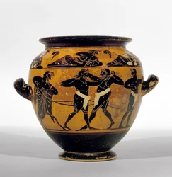Stamnos à figures noires attiques représentant des boxeurs, vers 520-500 av. J.-C.
