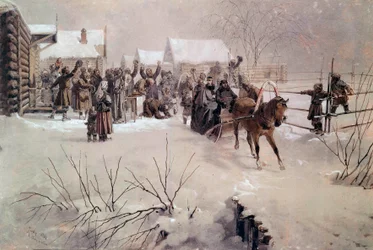 Tsar Alexandre II dans un traîneau traversant un village sous la neige