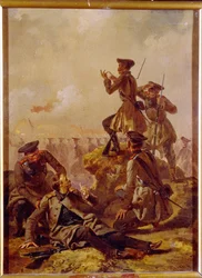 Une scène de la guerre de Crimée (1853-1856). Derrière la ligne des troupes de front, des officiers, dont un blessé, observent le champ de bataille. Peinture de Mihaly Zichy (1827-1906), vers 1850. Art hongrois
