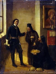 Bishop Mitrophan of Voronezh donating to Peter I for the Azov fleet construction on 1696