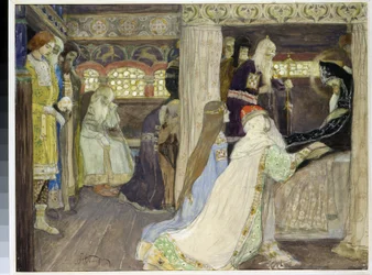 La mort du grand-duc Alexandre Nevski (1220-1263). Œuvre de Mikhail Vasilyevich Nesterov (1862-1942), aquarelle et gouache sur papier