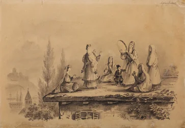 Femmes géorgiennes sur le toit Lezghinka, 1837