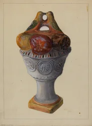 Urne en plâtre avec fruits et oiseaux
