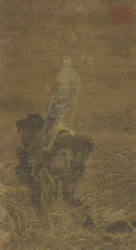 Faucon pèlerin sur un rocher au milieu des vagues, vers 1500