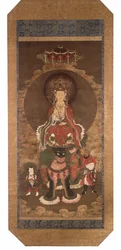 Le bodhisattva Mañjusrî sur un lion, fin du XIVe siècle (encre, couleur et pigment d