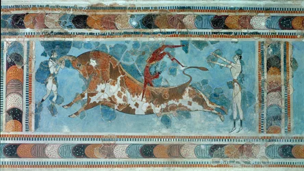 Civilisation minoenne : scène de taurokathapsie, sport crétois consistant à sauter sur le dos d