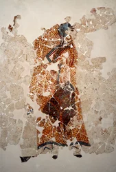 Civilisation minoenne : femmes en adoration. Détail. Fresque du bassin lustral de Xeste 3 à Akrotiri (Théra), Santorin. Dimensions 143 x 381 cm, XVIe siècle av. J.-C. Santorin, collection de fresques d
