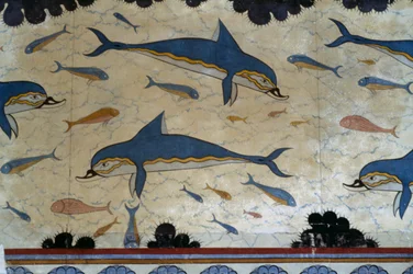 Mégaron de la reine décoré de fresques de dauphins, palais de Cnossos, Crète, Grèce, civilisation minoenne