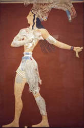 Art minoen : fresque du « Prince aux lis ». Reconstruction originale à partir des quelques fragments trouvés par A. Evans sur le site archéologique de Knossos. Musée archéologique d
